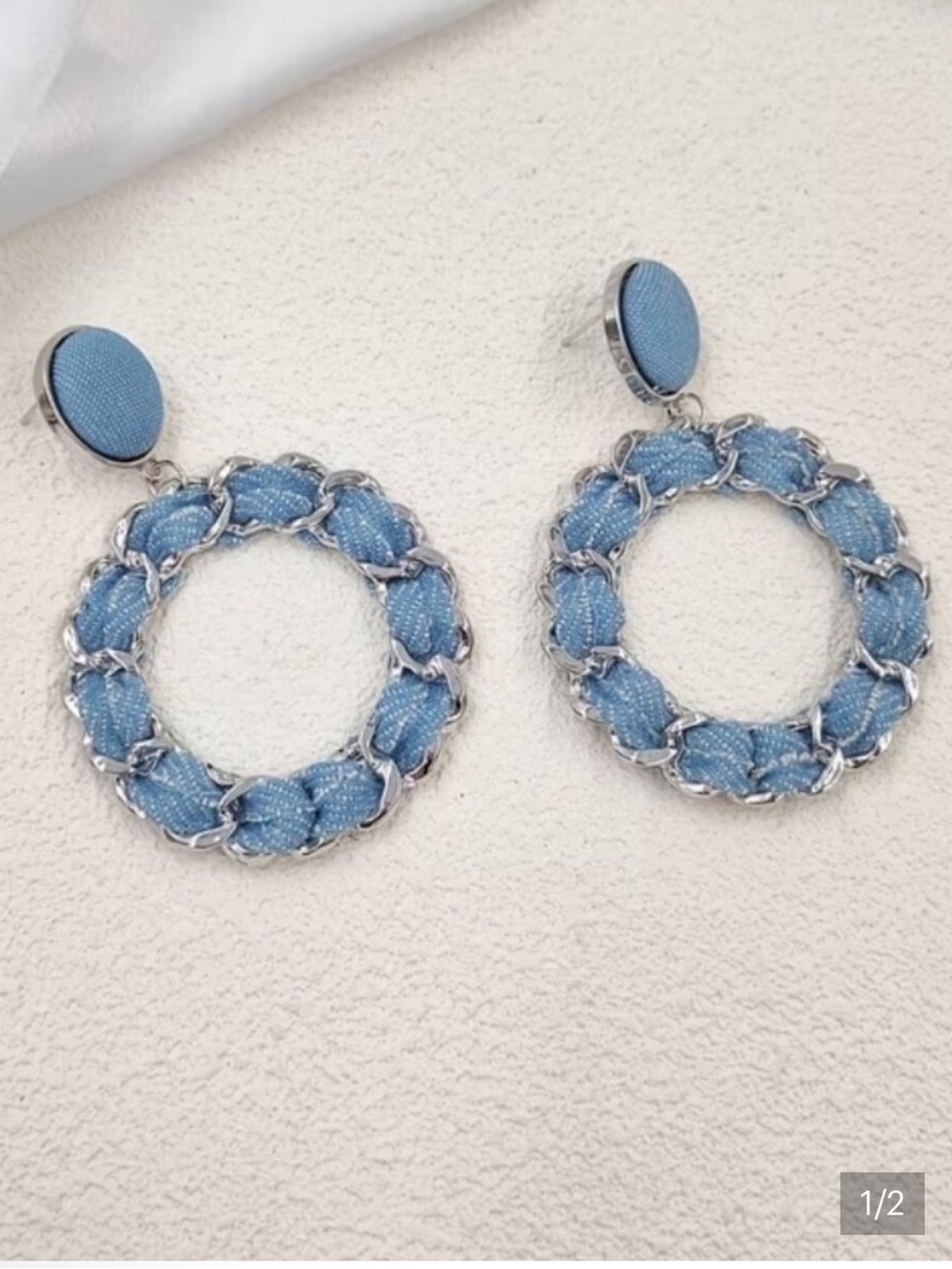 Light Blue Woven Denim Hoop Drop Earrings 2in.